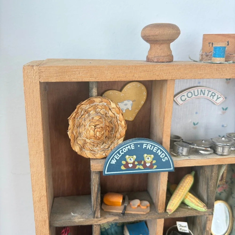 Vintage Wooden Shadow Box Miniature Country Kitchen Diorama Wall Hanging 8.5x7in